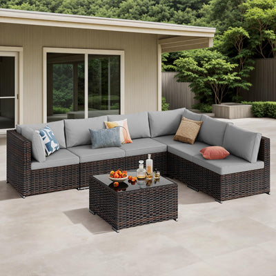Qsun 7-Piece Outdoor Sectional Patio Furniture Set, PE Rattan Outdoor Furniture Patio Conversation Set with Cushions and Glass Coffee Table (Brown Rattan, Grey Cushion)