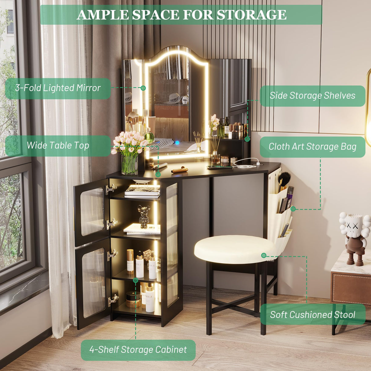 LVSOMT Corner Vanity Desk with Mirror and Lights, Makeup Vanity with Charging Station, Dressing Table with 3 Lighting Options, Vanity Set with Stool, Women’s Vanity for Bedroom, Black LVSOMT