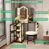 LVSOMT Corner Vanity Desk with Mirror and Lights, Makeup Vanity with Charging Station, Dressing Table with 3 Lighting Options, Vanity Set with Stool, Women’s Vanity for Bedroom, Black LVSOMT