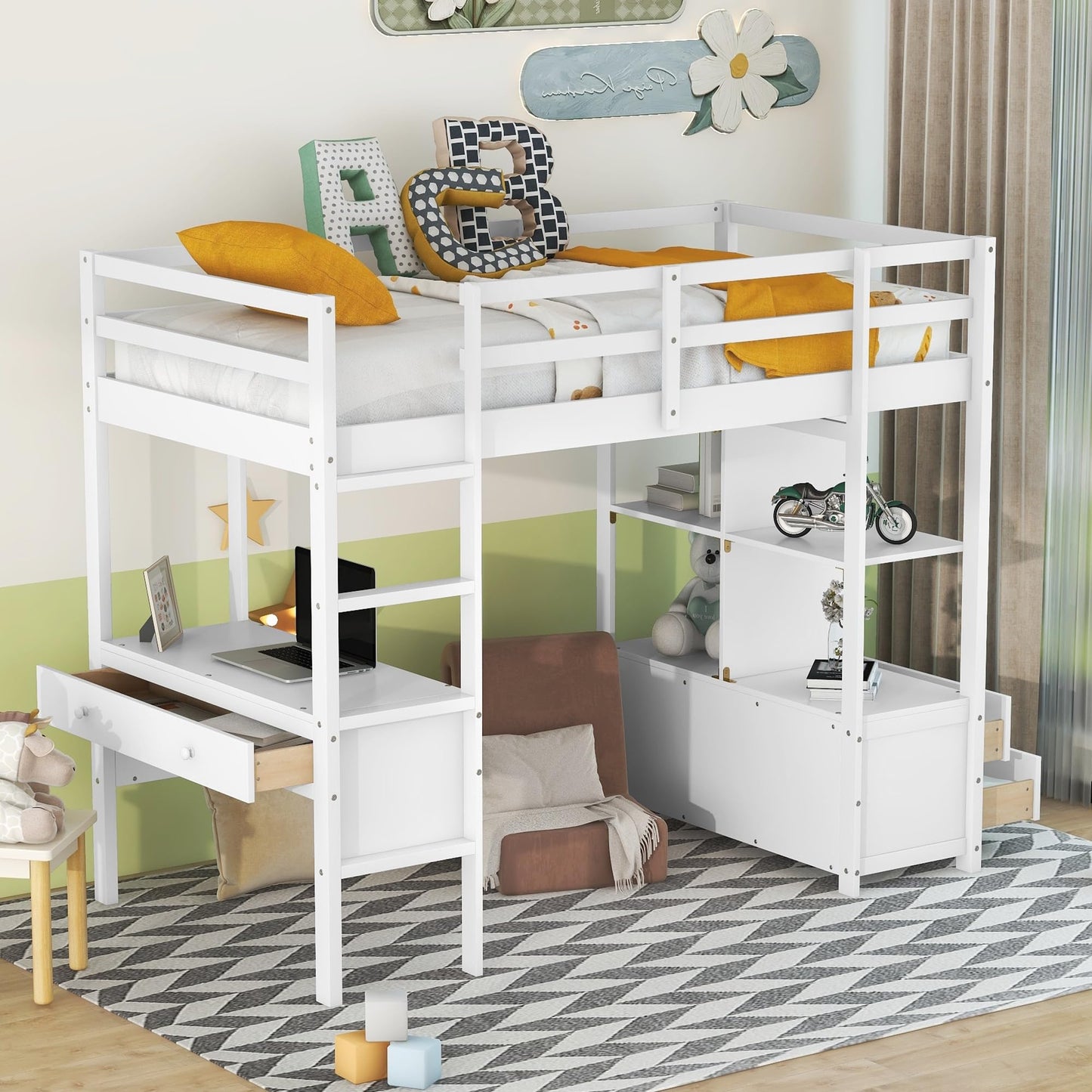 Twin Size Loft Bed with Storage Cabinet and Desk, Wooden Twin Loft Beds Frame with Bookcase and Shelves, Modern Twin Loft Bunk Bed for Kids Teens Adults Boys & Girls (Twin Size, White)