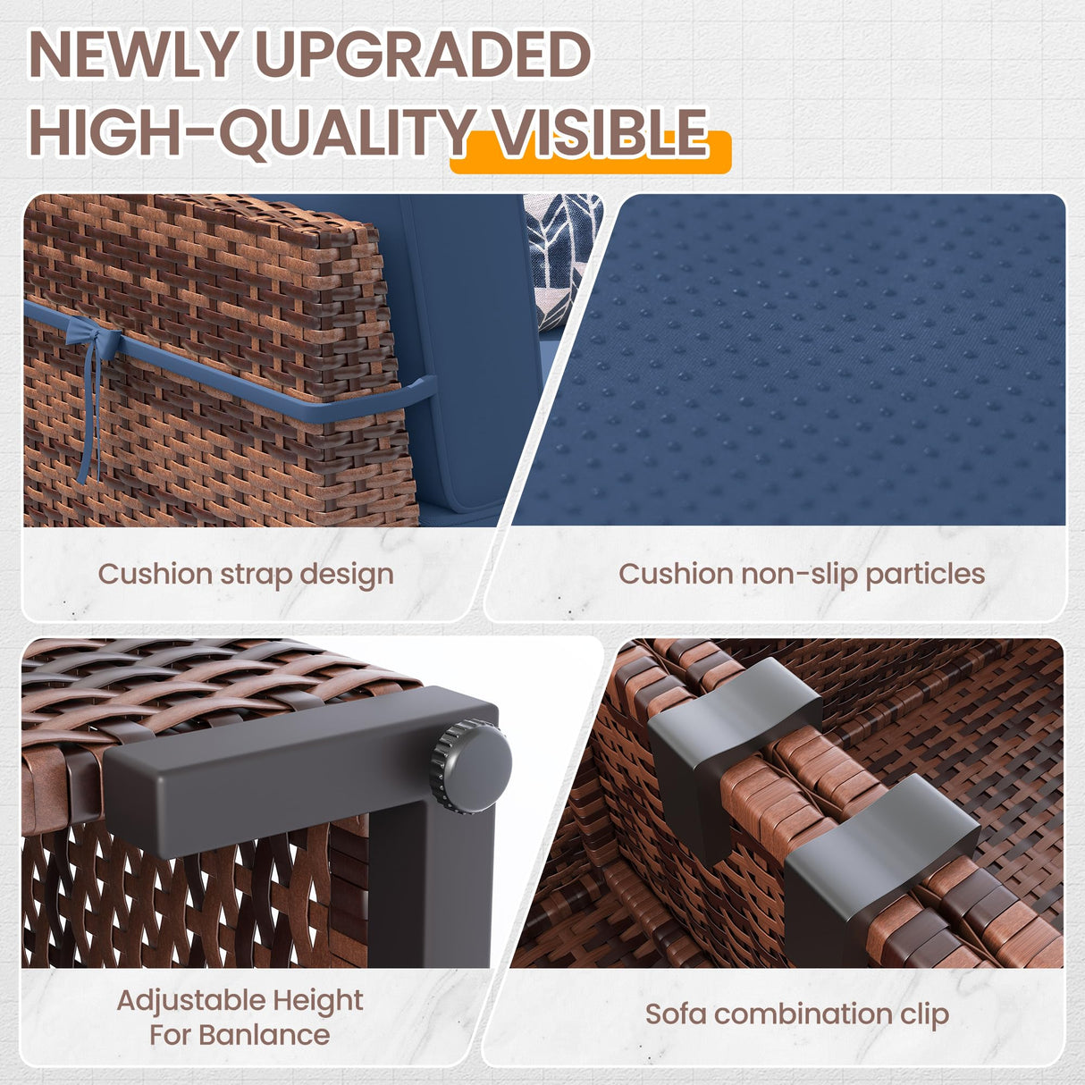 UDPATIO Patio Furniture Set, Modular Outdoor Sectional with 105°Slanted Back, 10 Pieces Rattan Conversation Set for Poolside, Backyard, Deck, with Coffee Table, Waterproof Cover, Blue UDPATIO