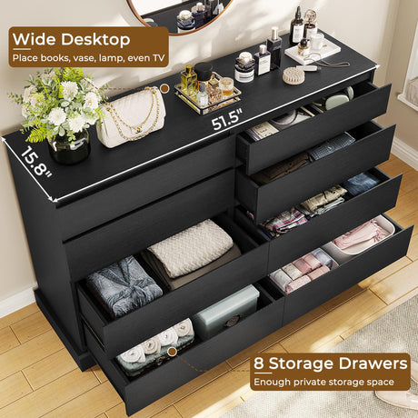 Hasuit Black Dresser for Bedroom, Long Dresser with 8 Drawers, 51.5''W Wooden Dresser Chest of 8 Drawers, Large Capacity Clothing Storage Cabinet, Wide Dresser for Bedroom Living Room Entryway Hasuit