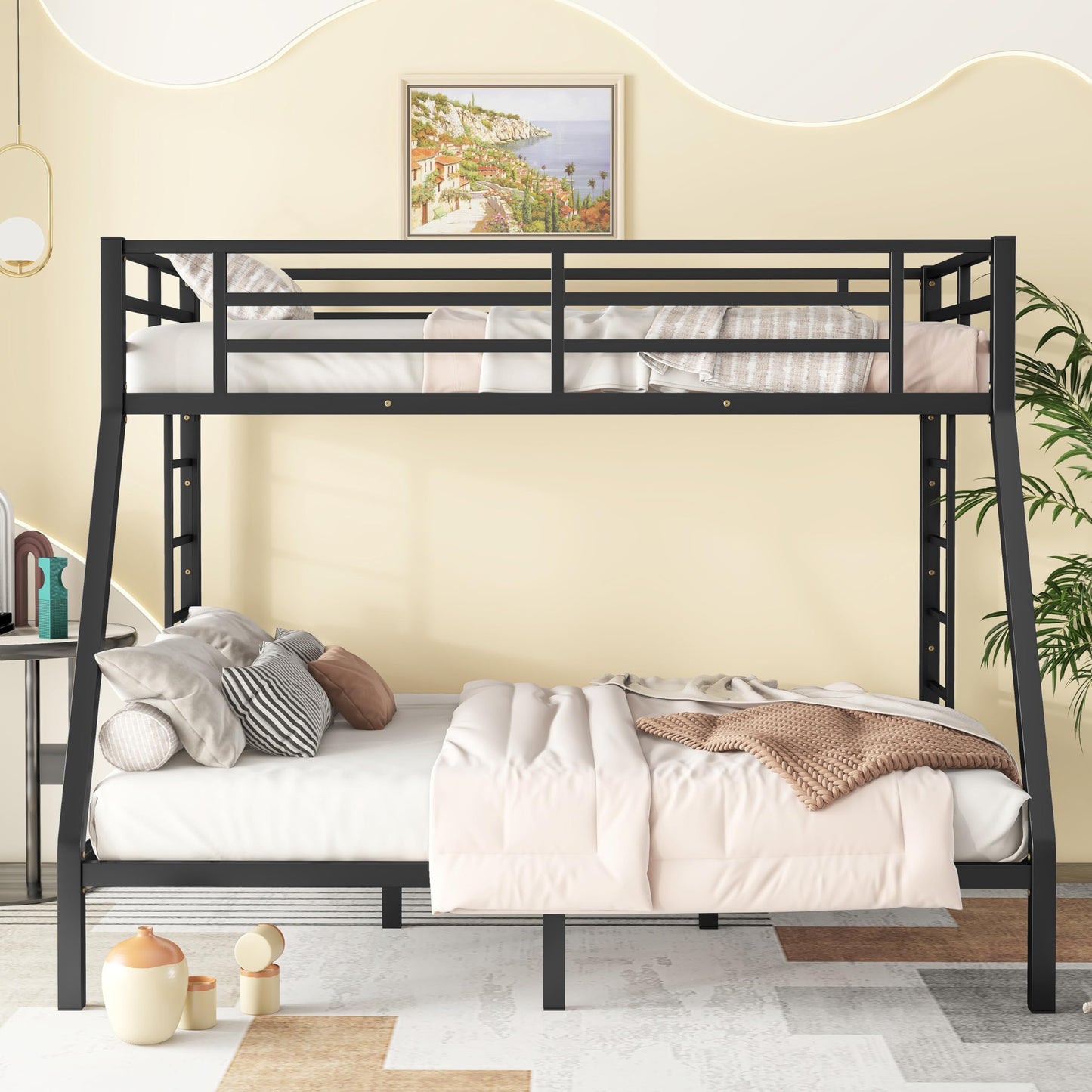 Heavy Duty Bunk Bed for Adults, Twin XL Over Queen Bunk Beds with 2 Build in Ladder and Full Length Guardrail, Twin XL Over Queen Bunk Bed for Adults, Teens, Kids, No Box Spring Needed