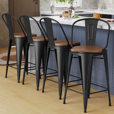 Alunaune 24" Swivel Metal Bar Stools Set of 4 High Back Counter Height Barstools Industrial Dining Bar Chairs with Large Wooden Seat-Matte Black