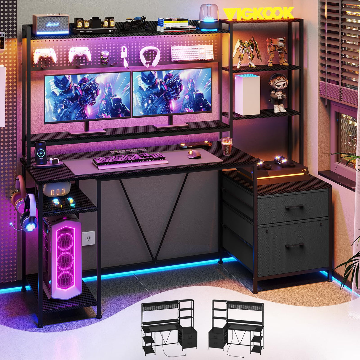 VIGKOOK 65in Gaming Desk with Hutch, RGB LED Lights, Power Outlets, and Ample Storage in Carbon Fiber Black VIGKOOK