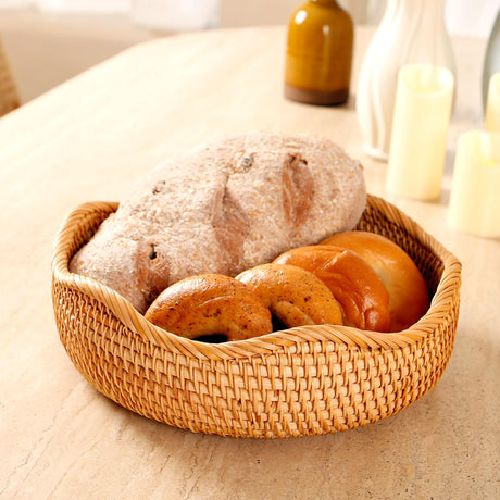 AMIDECOR Rattan Woven Fruit Basket, Natural Round Bread Basket, Decorative Fruit Bowl for Kitchen Counter, Kitchen Storage Baskets for Vegetables, Eggs,Snacks AMIDECOR