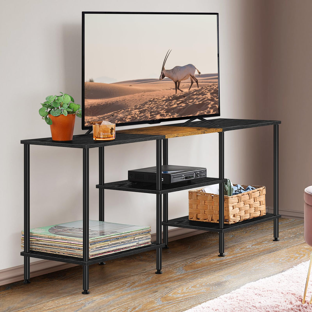 50 inch TV Stand 3 Tier Entertainment Center with Storage Shelves Small Tall Television Console Table with Metal Frame, Industrial TV Cabinet for Living Room Bedroom, Black BTY