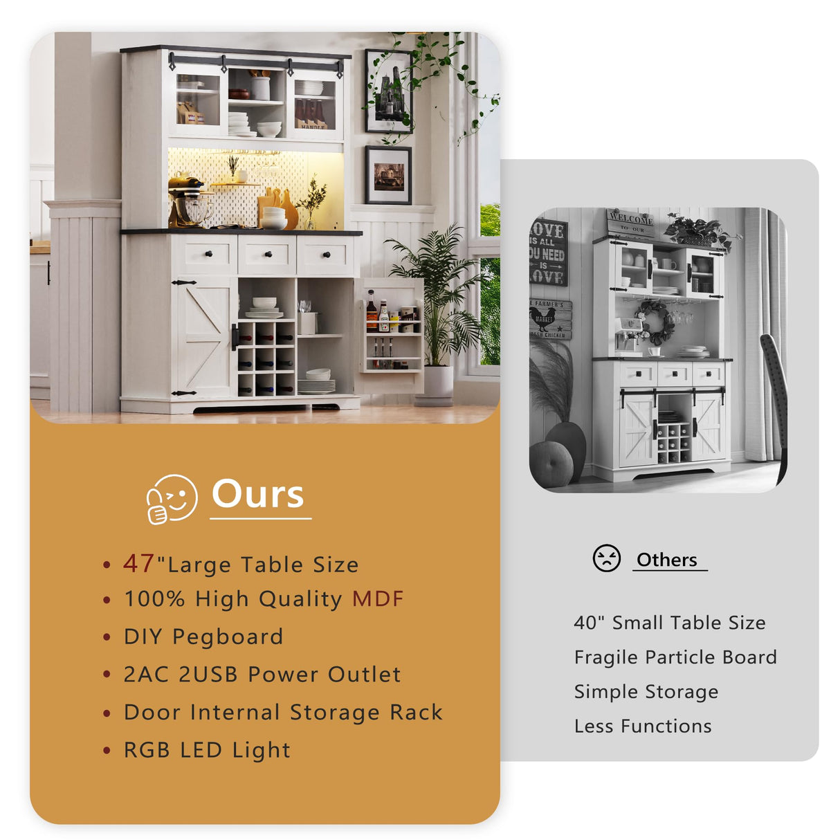 71" Farmhouse Coffee Wine Bar Cabinet with LED Lights, Rustic White Large High Kitchen Pantry Cabine with Sliding Barn Door, DIY Pegboard, Drawers,Glass Holder for Home Office Coffee Corner Station eodme