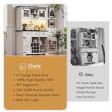 71" Farmhouse Coffee Wine Bar Cabinet with LED Lights, Rustic White Large High Kitchen Pantry Cabine with Sliding Barn Door, DIY Pegboard, Drawers,Glass Holder for Home Office Coffee Corner Station eodme