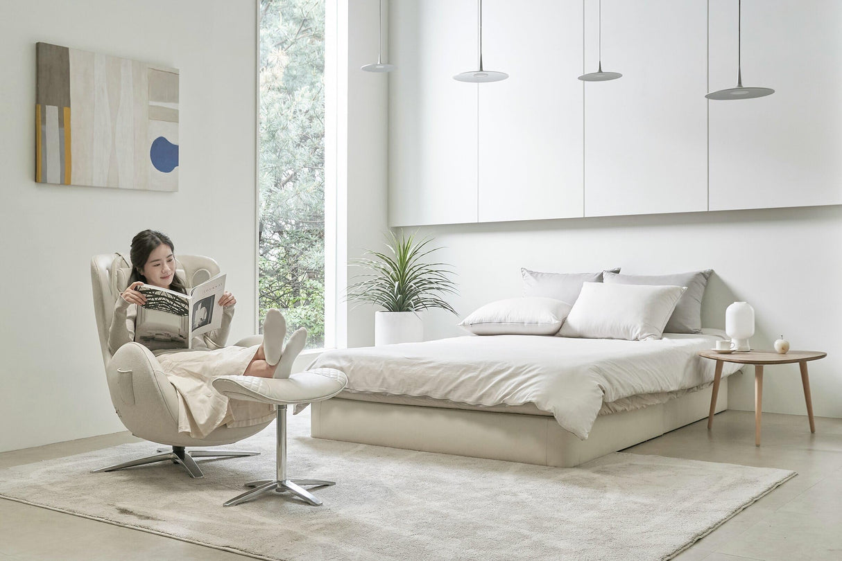 Nouhaus Classic Massage Chair with Ottoman. White Leather Lounge Chair, with Percussive & Shiatsu Chair Massager, Bluetooth Speaker and Recliner. Cozy Bedroom Chair with Spot and Full Body Massager Nouhaus