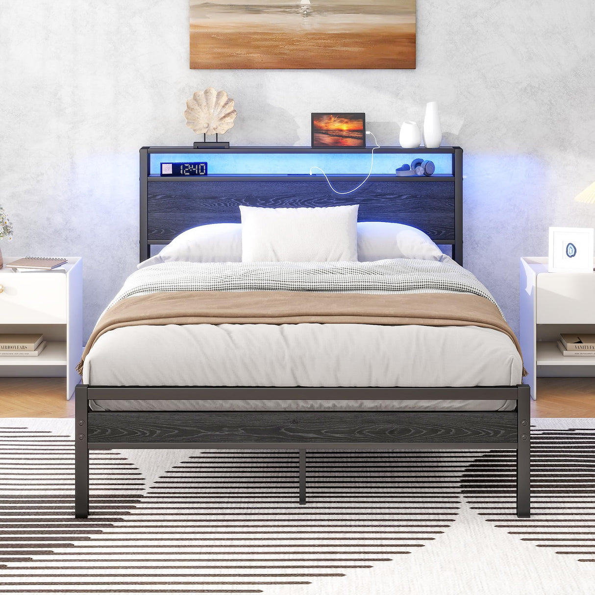 HOJINLINERO Full Size Bed Frame with Storage Headboard/LED Lights,Metal Bed Frame Full Size with Charging Station,Platform Bed Frame Full Size No Box Spring Needed,Heavy Duty Metal Slats Support,Black HOJINLINERO