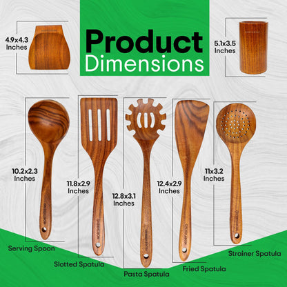 Wooden Kitchen Utensil Set - Teak Wood Cooking Utensil Sets Include Wooden Utensil Holder, Wooden Spatula, Spaghetti Spoon, Cleaning Brush & More - Durable Heat Resistant Wood Utensils Set fo - WoodArtSupply