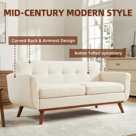 Kingfun 2 Piece Loveseat and Sofa Sets, Mid Century Modern Decor Love Seat Couches for Living Room, Button Tufted Upholstered Furniture, Easy to Install Small Couch for Bedroom, Office, Beige Kingfun