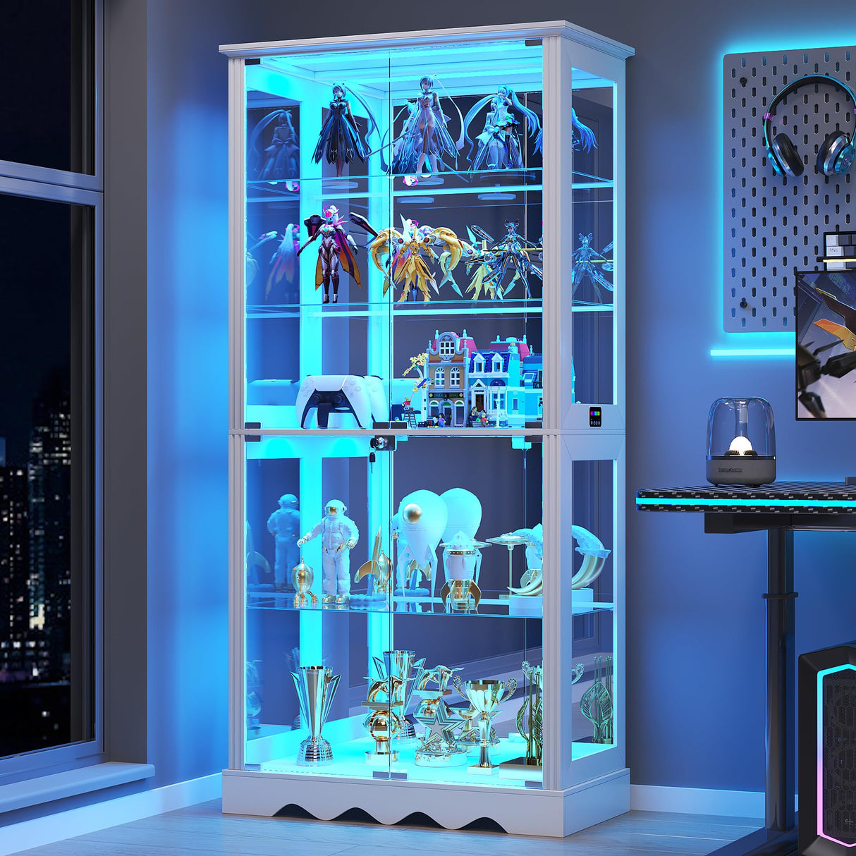 HWB 71" Glass Door Curio Cabinet with RGB LED Lights (White) HWB