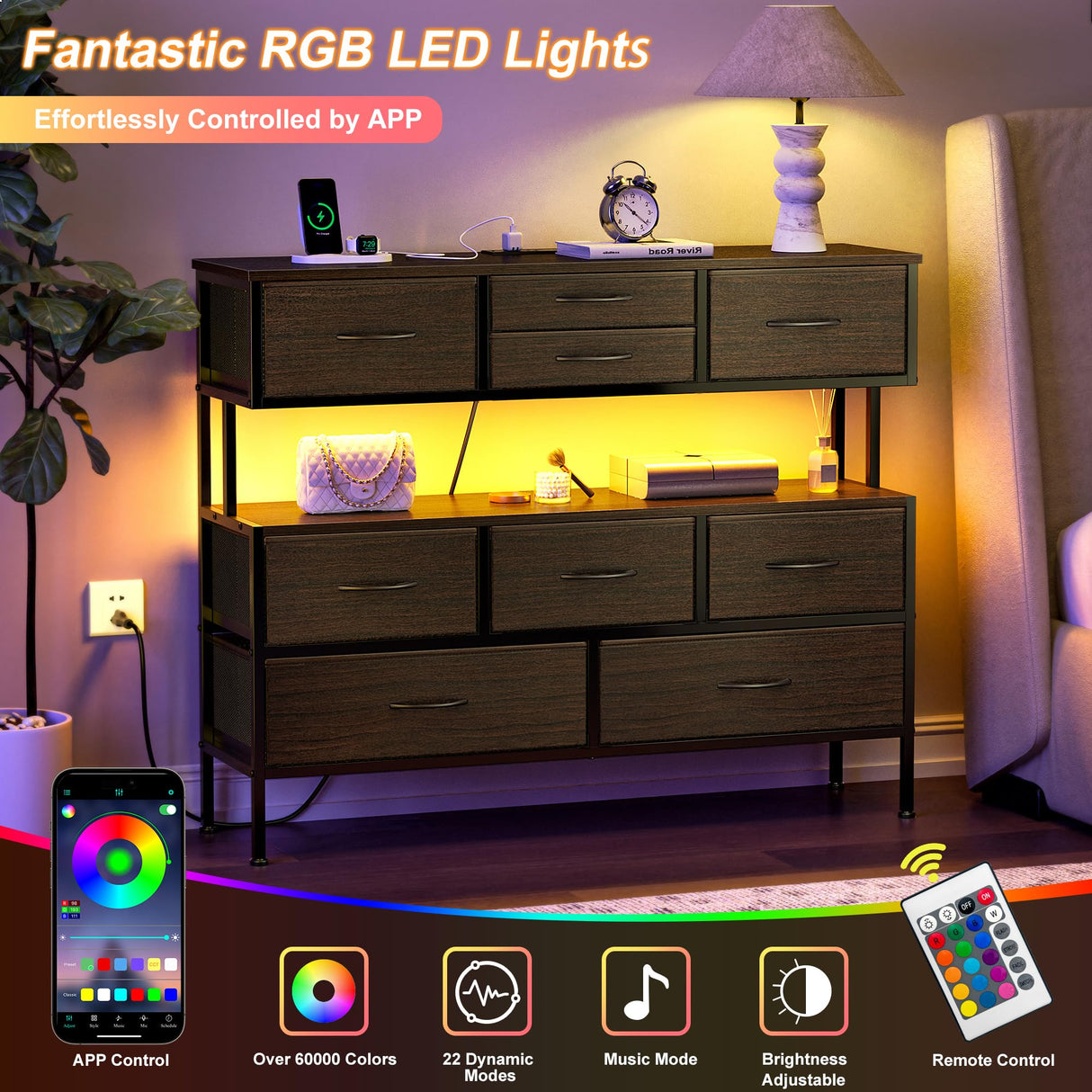 REAHOME Dresser TV Stand with Charging Station and LED Lights, 55” TV Stand with 9 Drawers, Fabric Dresser for Bedroom, Steel Frame, Large Storage Chest of Drawers for Closet, Living Room, Brown REAHOME