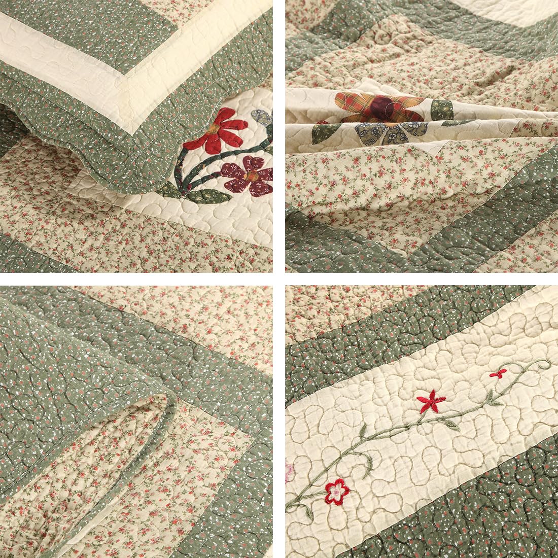vctops Farmhouse Green 3 Piece Embroidered Floral Quilted Bedspread Quilt Set 100% Cotton Reversible Patchwork Coverlet Set 1 Quilt and 2 Pillow Shams (Green,King) vctops