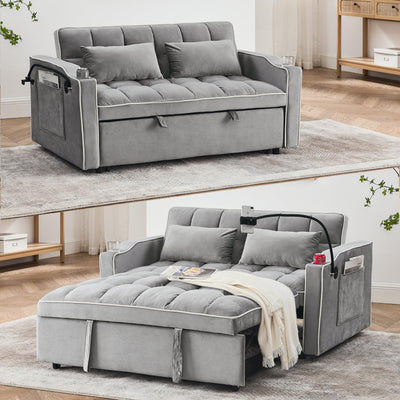 Foldable Sofa Bed with 2 USB Charging Ports, Pull Out Velvet Loveseat Sleeper with Phone Holder, Modern Futon Couch with Cup Holders & Adjustable Backrest for Living Room,Grey