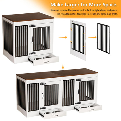 yookare White Heavy Duty Furniture Dog Crate, Wood and Metal Cage Kennel, Double Doors End Table with Drawer and Pull-Out Trays, Dog Home for Indoor use, Medium Size