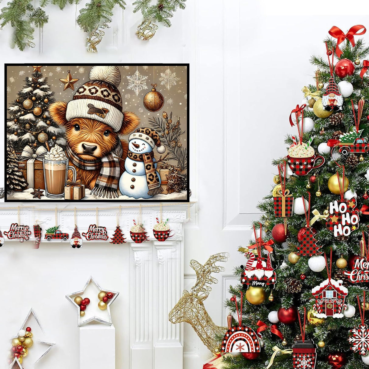 Christmas Diamond Art Kits for Adults - Highland Cow Diamond Painting Kits for Adults, 5D Round Full Drill DIY Winter Gem Art Paint by Diamonds 16x12 inch Axquilon