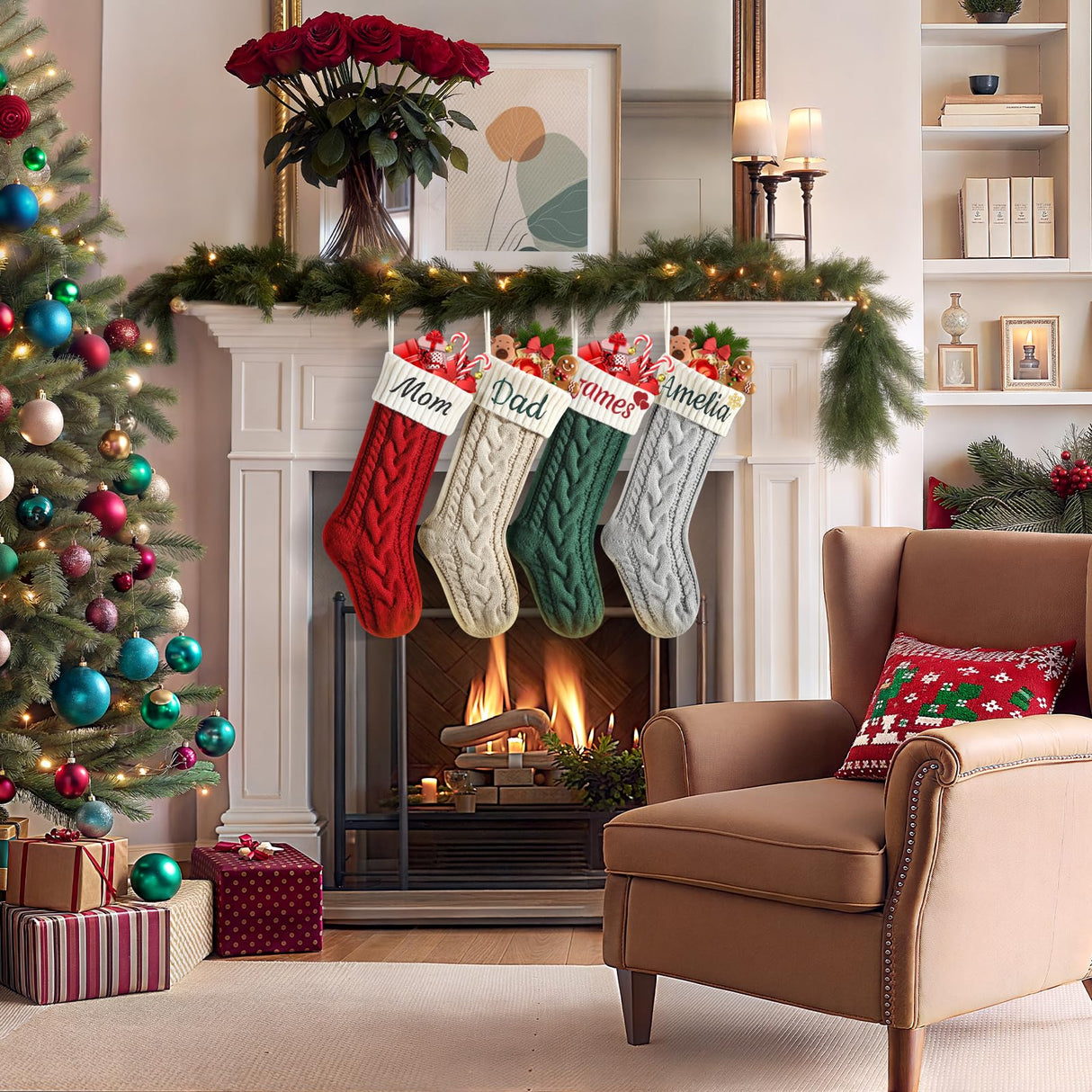 Personalized Christmas Stockings, 18” Large Custom Stockings with Embroidered Name, 1 Pack Knitted Xmas Stocking for Kids,Holiday and Family Stocking for Fireplace Christmas Party Decoration (A) Tarwanear