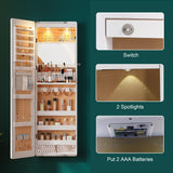 HNEBC LED Mirror Jewelry Cabinet,47.2" Wall Mounted Jewelry Organizer with Full-Length Mirror,Over The Door Hanging Jewelry Armoire Storage Cabinet,Folding Dresser,2 Drawers,Lockable, 3 Shelves(White) HNEBC