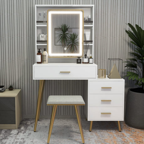 NeuType Vanity Desk with Mirror and Lights, Makeup Vanity with 4 Drawers, Vanity Mirror with Lights and Table Set, 3 Lighting Modes Brightness Adjustable Cushioned Stool, Rectangular Mirror White NeuType