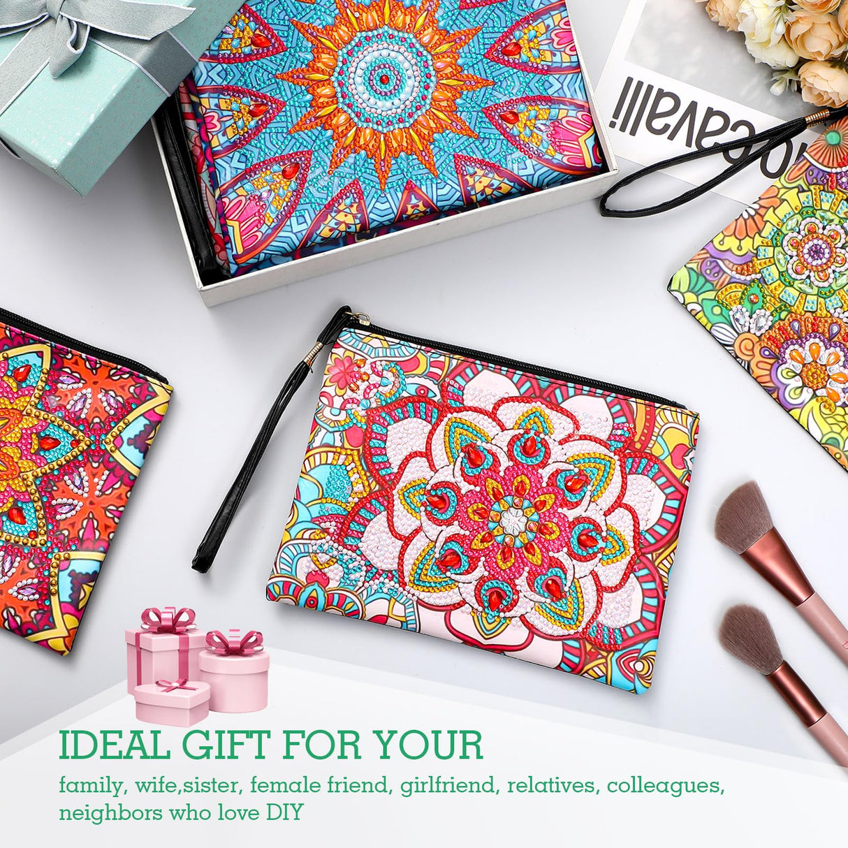 Sweetude 6 Pcs Mandala Diamond Painting Clutch Purses DIY Diamond Painting Bags Rhinestone Stitch Cross Body Handbag 5D Handmade Arts Craft Makeup Zipper Shoulder Bag for Women Christmas Gift Sweetude