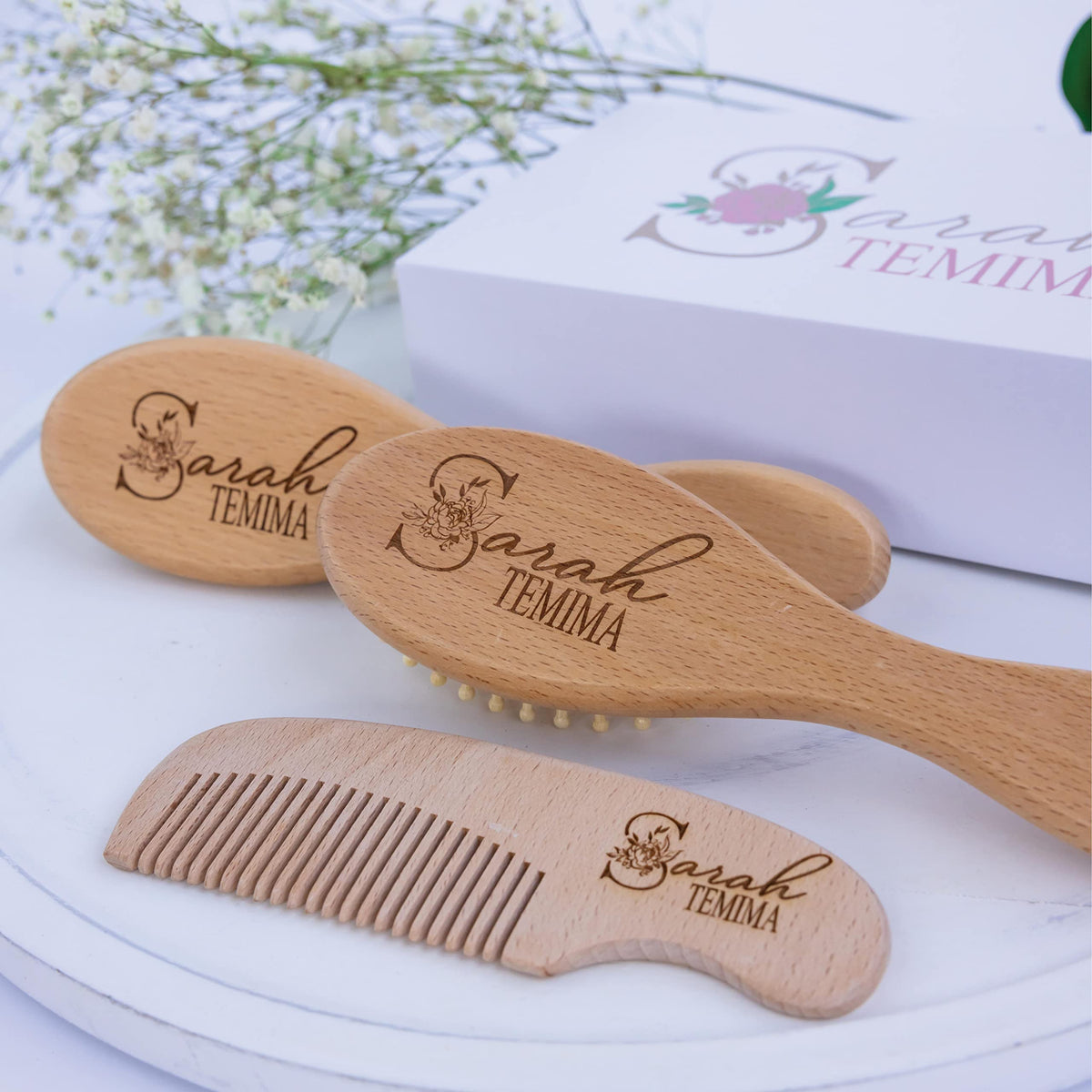 Personalized Wooden Baby Brush Set | Wooden Baby Brush and Comb Set| Personalized Baby Gift | Personalized Baby Gift Girls Girls | Floral Initial Forever Personalized