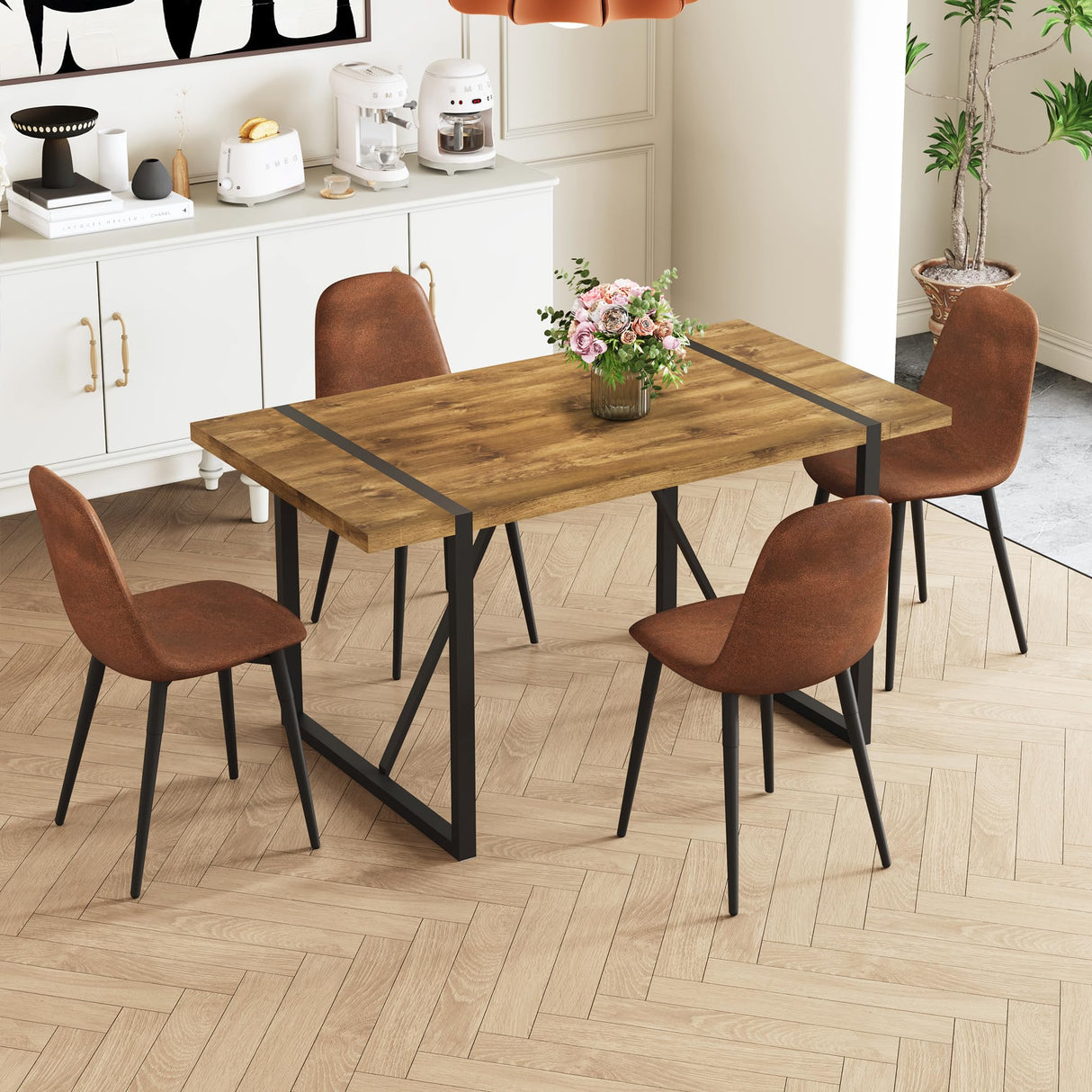 Ganooly Rustic 5 Piece Dining Room Table Set for 4 People, Mid Century Modern 55 Inch Rectangle Wood Kitchen Dining Table with 4 Fabric Chairs Set, Suitable for Kitchen Dining Room Ganooly