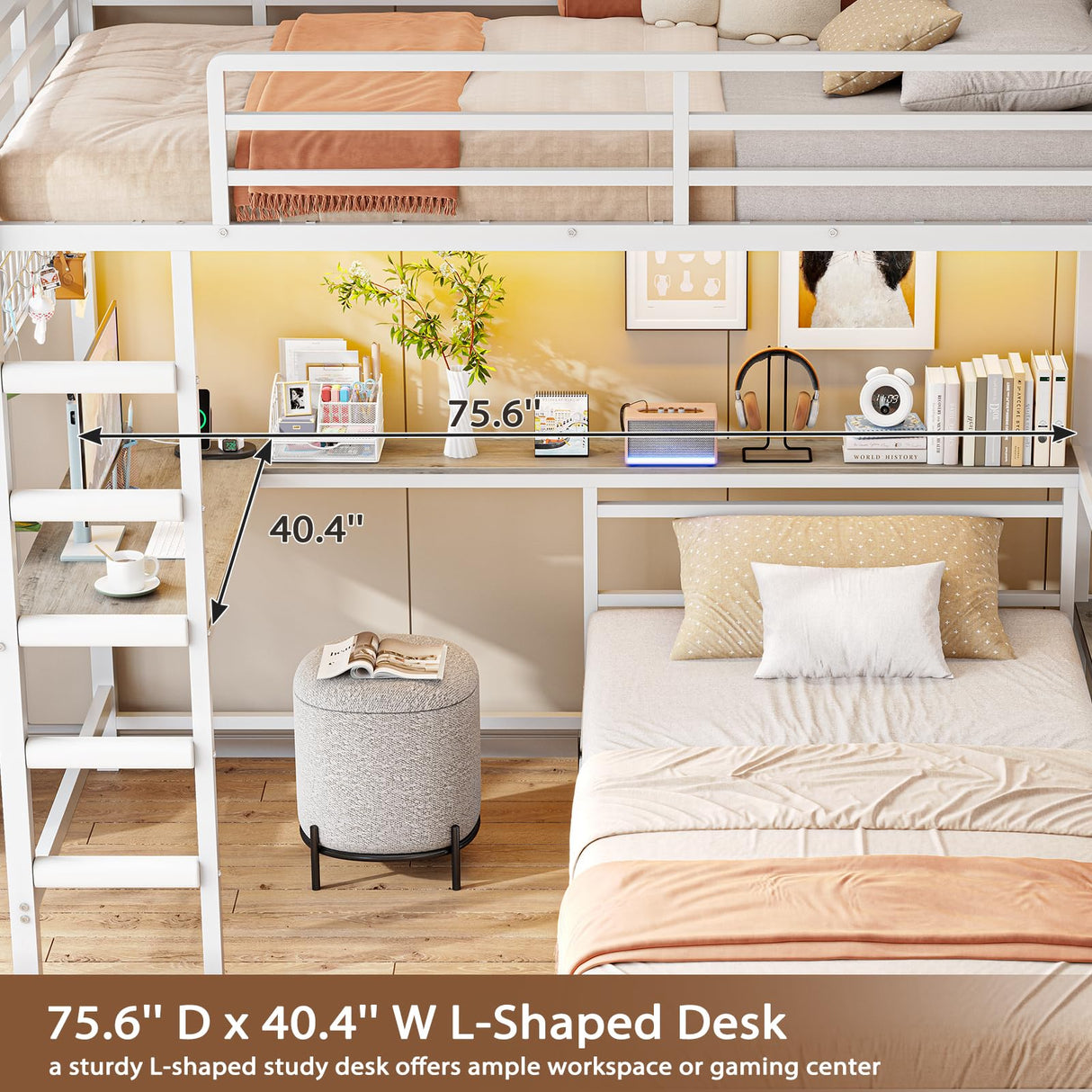 VIAGDO Bunk Bed Twin Over Twin with Hall Tree, Charging Station and LED Lights, L-Shaped Bunk Bed with Desk, 5 Storage Drawers, Twin Bunk Beds with Guardrail & Stairs, No Box Spring Needed, White VIAGDO