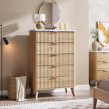 Garvee 5 Drawers Dresser for Bedroom, 47.2" Tall Dressers with Curved Profile Design, Fluted Wood Drawers with Gold Handle, Modern Chest of Dressers with Thickened Design for Living Room, Natural Garvee