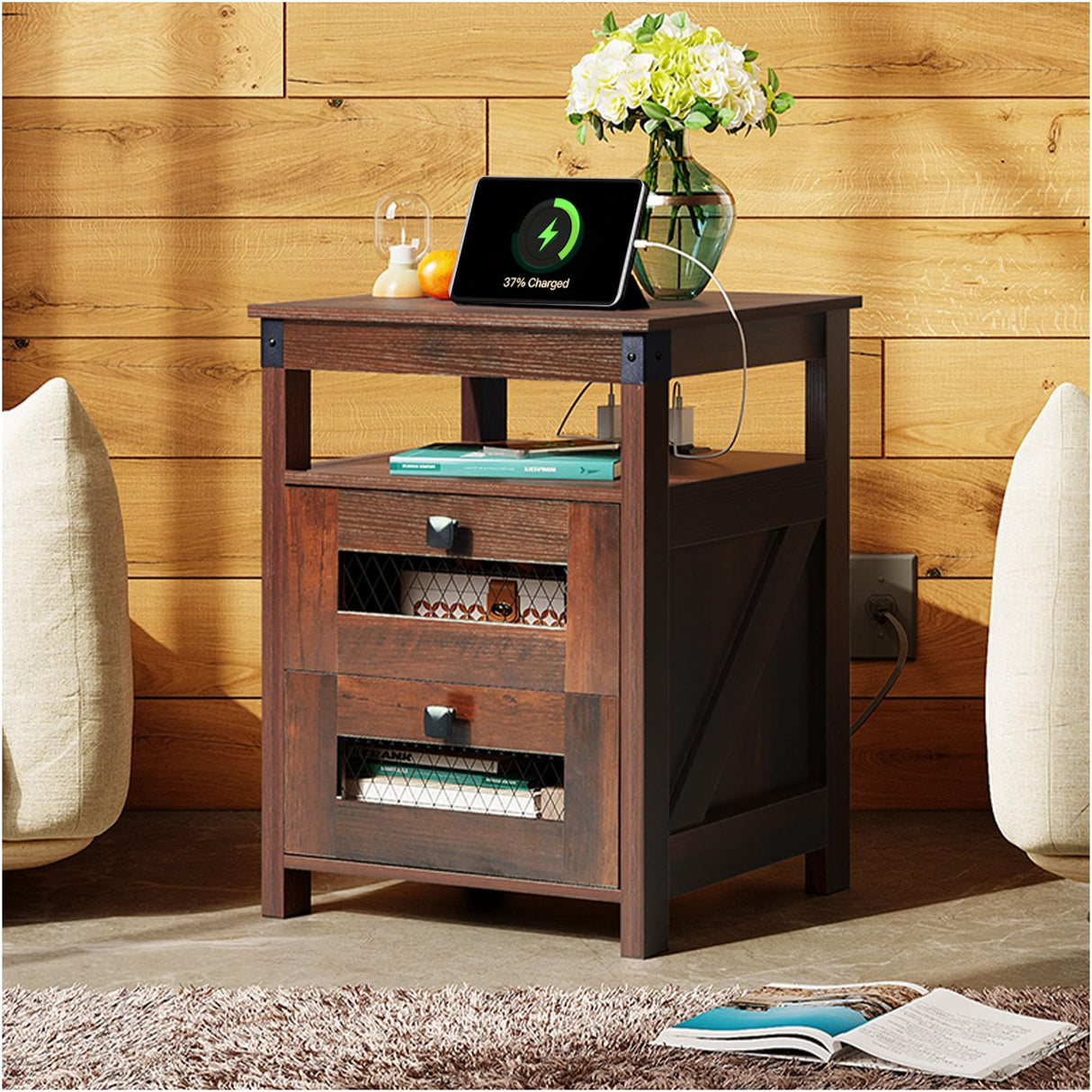 WLIVE Nightstand with Charging Station, Farmhouse End Table, Side Table with 2 Mesh Drawers Storage & Open Shelf, Rustic Wooden Cabinet Night Stand for Living Room, Bedroom, Espresso WLIVE