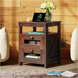 WLIVE Nightstand with Charging Station, Farmhouse End Table, Side Table with 2 Mesh Drawers Storage & Open Shelf, Rustic Wooden Cabinet Night Stand for Living Room, Bedroom, Espresso WLIVE