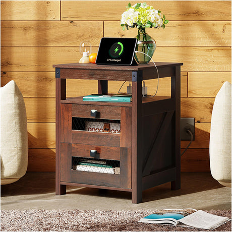 WLIVE Nightstand with Charging Station, Farmhouse End Table, Side Table with 2 Mesh Drawers Storage & Open Shelf, Rustic Wooden Cabinet Night Stand for Living Room, Bedroom, Espresso WLIVE