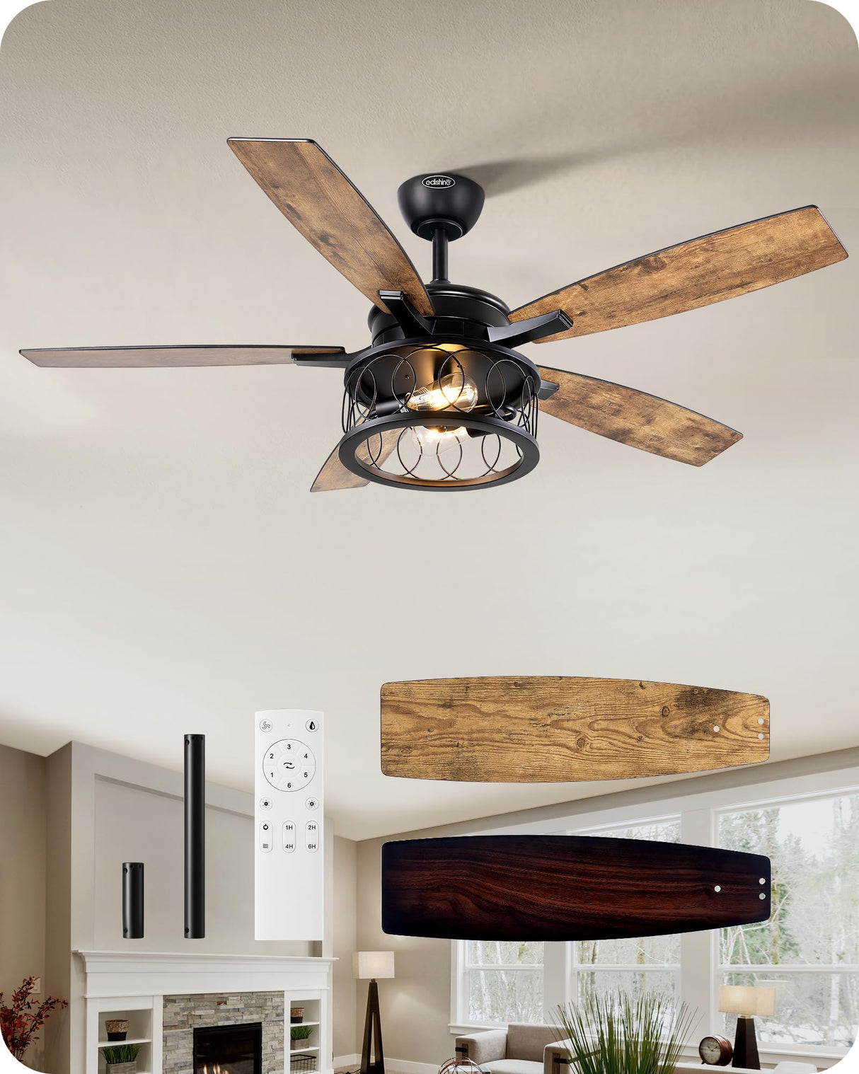 EDISHINE 52 Inch Farmhouse Ceiling Fans with Lights, Rustic Ceiling Fan with Light and Remote, 5 Wooden Blades Lighting & Ceiling Fans with Timer, 6 Speeds Reversible DC Motor for Bedroom Patio Porch EDISHINE