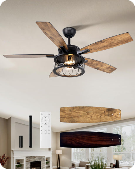 EDISHINE 52 Inch Farmhouse Ceiling Fans with Lights, Rustic Ceiling Fan with Light and Remote, 5 Wooden Blades Lighting & Ceiling Fans with Timer, 6 Speeds Reversible DC Motor for Bedroom Patio Porch EDISHINE