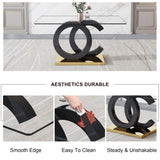 Ebullient Modern Dining Table Set for 6 ，7 Piece Dining Table Chairs Set for 6,Glass Table Top and Gold Base，Rectangular Dining Room Table with 6 Black PU Leather Upholstered Dining Chairs for Kitchen Ebullient