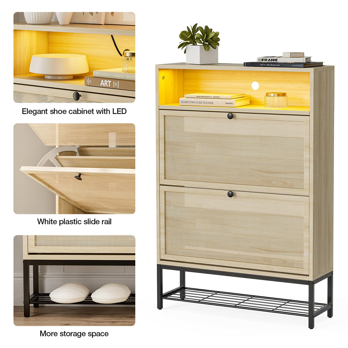 IKIFLY Natural Rattan Shoe Cabinet with LED Light, Shoe Rack Cabinet with 2 Flip Drawers & Open Shelves, Narrow Shoe Cabinet with Metal Legs, Shoe Storage Cabinet for Entryway, Living Room, Apartment IKIFLY