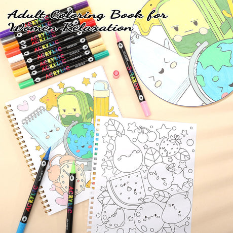 Coloring Book Set with 24-Color Acrylic Markers & Stickers, Ages 14+ Travel Sketch Book, 60 Pages 150gsm Thick Paper (7x8.3in) Spiral Bound Art Supplies Prudiut