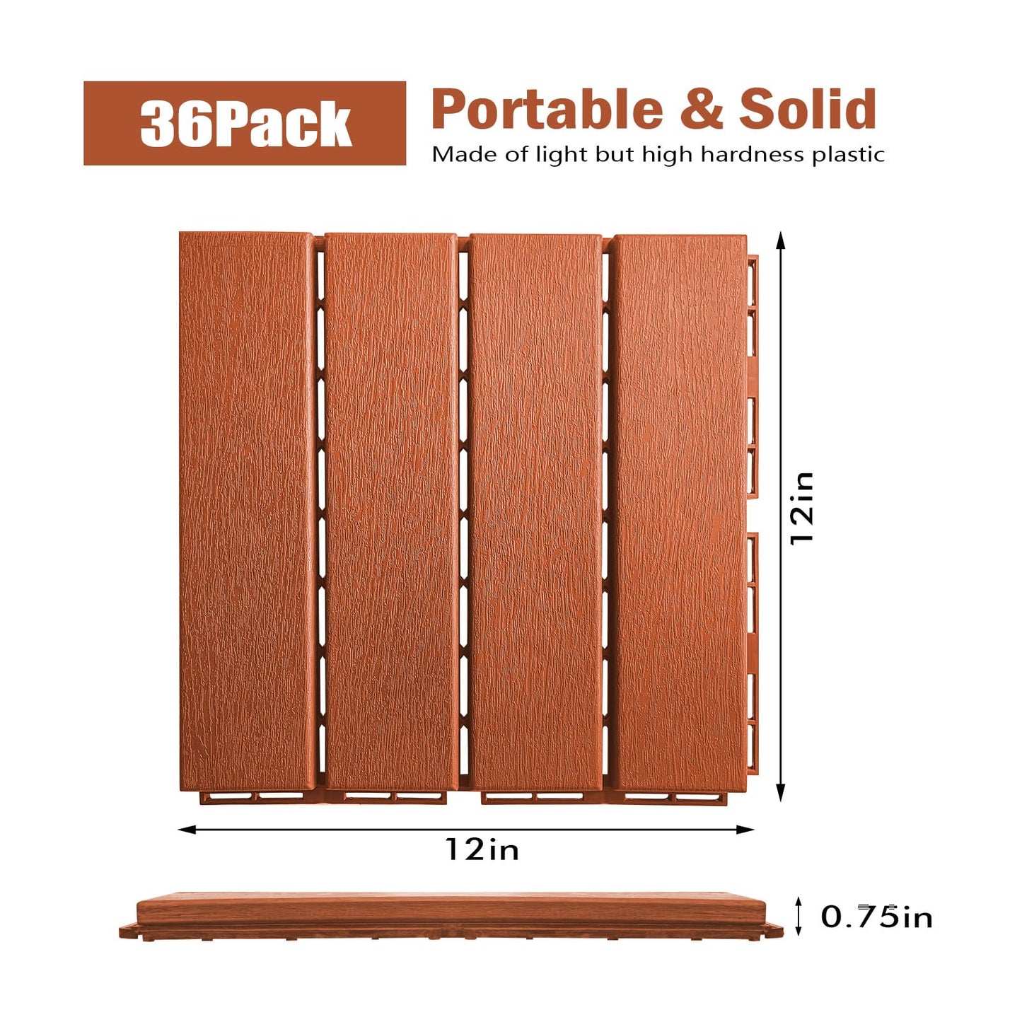 VERNILLA Plastic Interlocking Deck Tiles Outdoor,36 Pcs,12"x12" Patio Tiles Waterproof Outdoor Interlocking All Weather,Deck Tiles for Balcony, Backyard, Indoor and Outdoor use, Brown