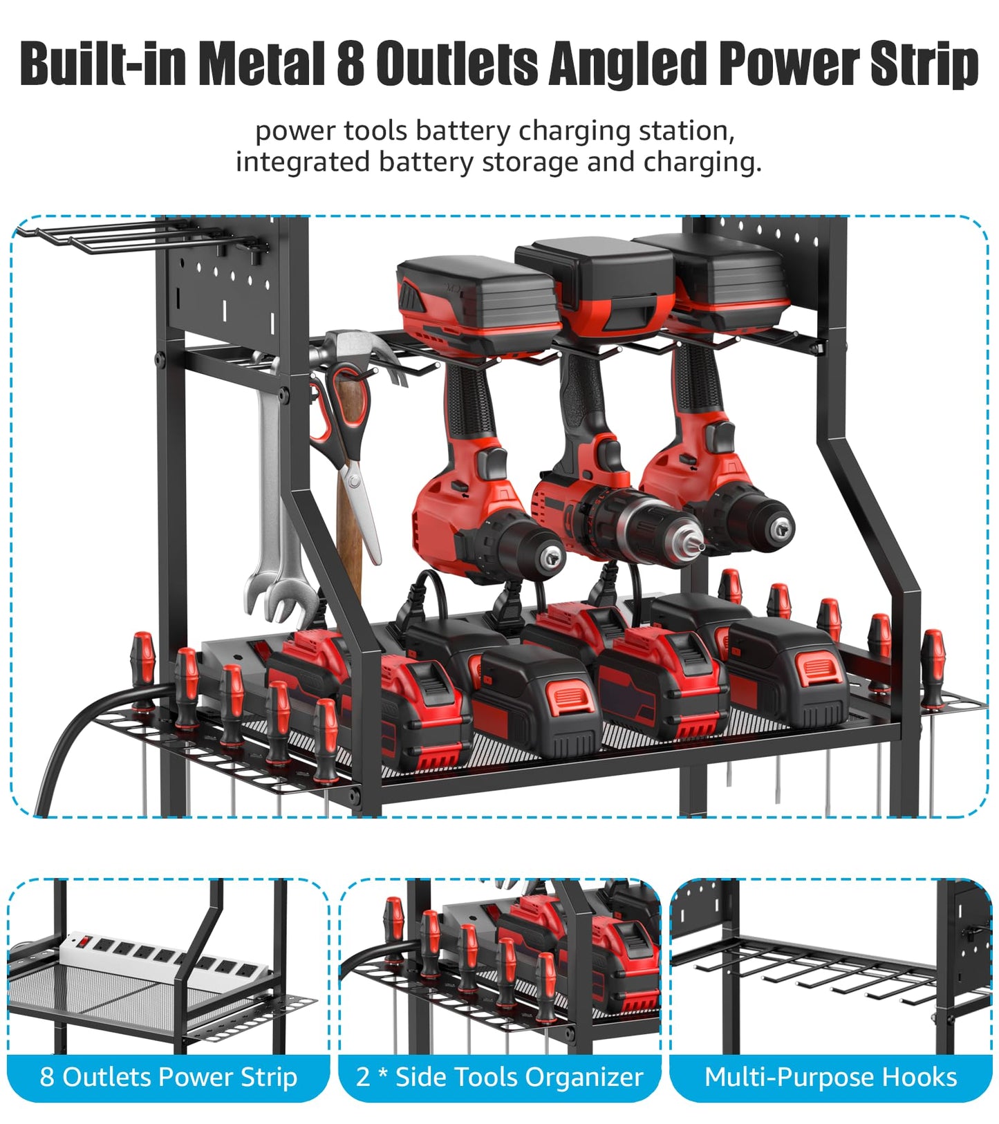 CCCEI Garage Small Power Tools Organizer Floor Stand, Drill and Battery Storage Rack with Charging Station, All Metal Tool Shelf with Pegboard and Hooks, Gift for Men. - WoodArtSupply