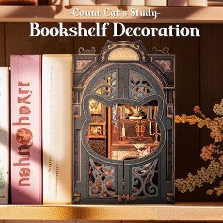Cutefun Book Nook Kit - DIY Miniature House Kit for Bookshelf Decor, Book Nook Kits for Adults & Beginners, 3D Wooden Puzzle Dollhouse, Ideal Gift for Family and Friends (Count Cat's Study) Cutefun