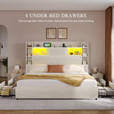 YITAHOME King Bed Frame with Bookcase Headboard and 4 Storage Drawers, RGB LED Bed with Type-C & USB Charging Station Storage Headboard Bed Frame, No Box Spring Needed, Noise Free, Antique White YITAHOME