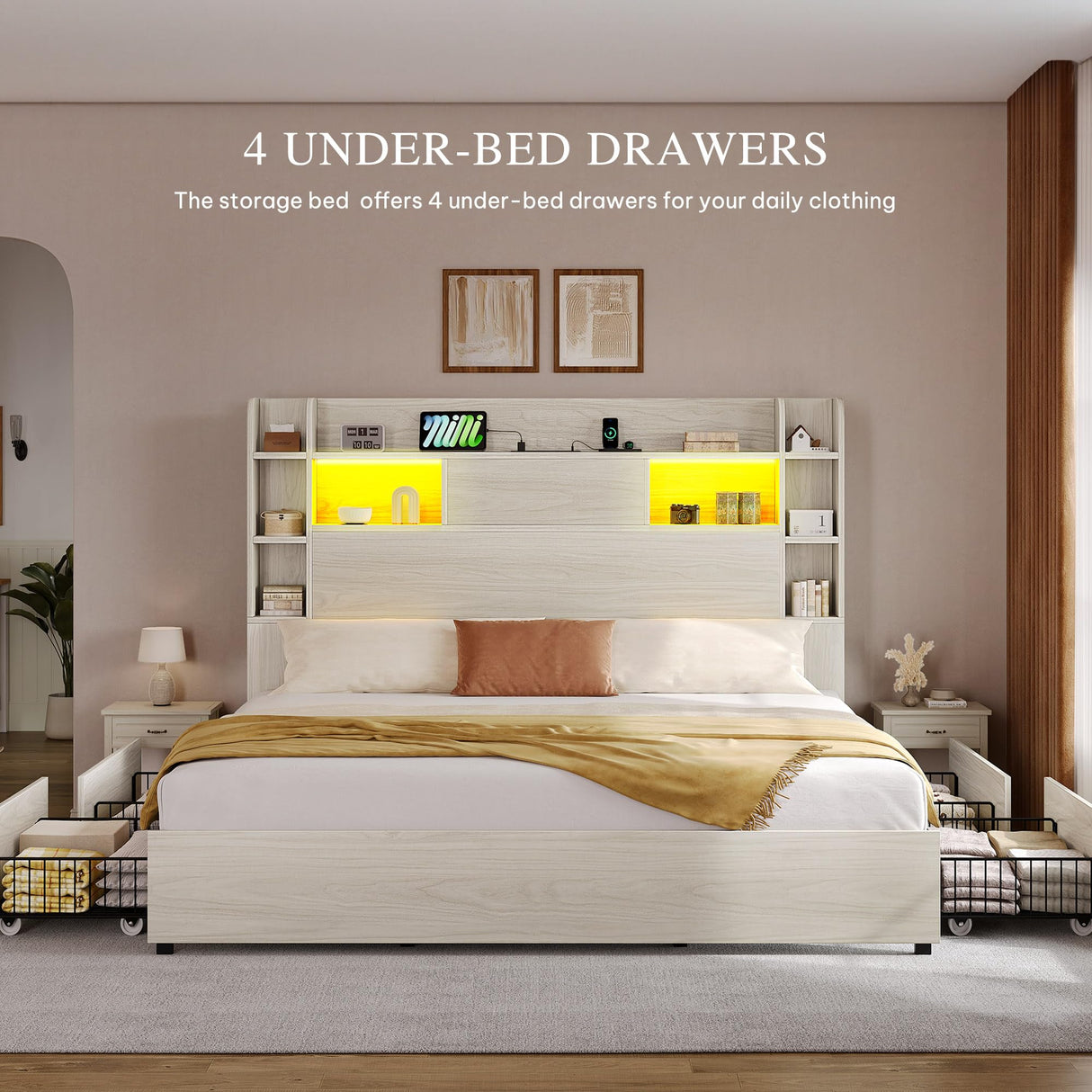 YITAHOME King Bed Frame with Bookcase Headboard and 4 Storage Drawers, RGB LED Light Bed with Type-C & USB Charging Station Storage Headboard Bed Frame, No Box Spring Needed, Noise Free, Antique White YITAHOME