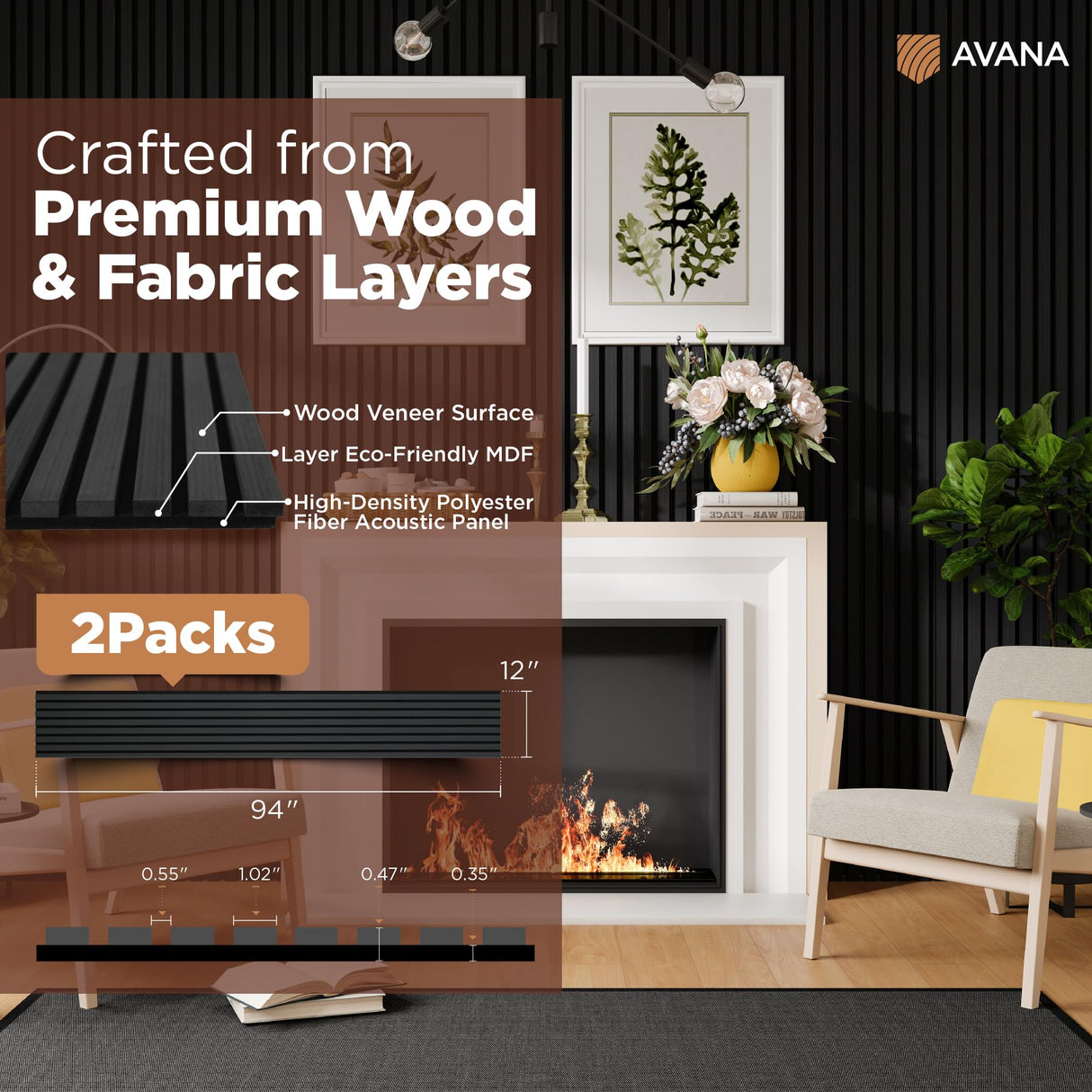 Avana Acoustic Wood Wall Panels – 94.4 x 12.6 Inch Black Oak Acoustic Panels 2 PCs – Wall Panels For Interior Wall Decor For Homes, Offices, Studios – Pleasing Decorative Wood Panels For Wall Avana