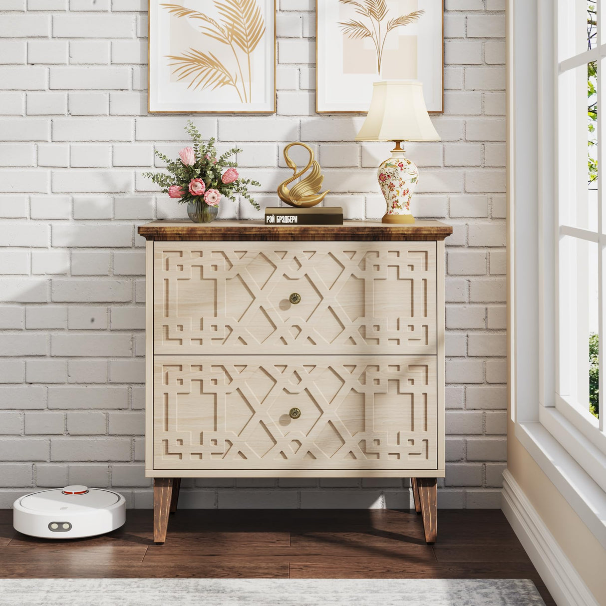 Tribesigns 2 Drawer Lateral File Cabinet, Office Filing Cabinet for A4 / Letter Size/Legal Size Files, Wood Storage Cabinet Printer Stand for Home Office, Living Room, Beige Tribesigns