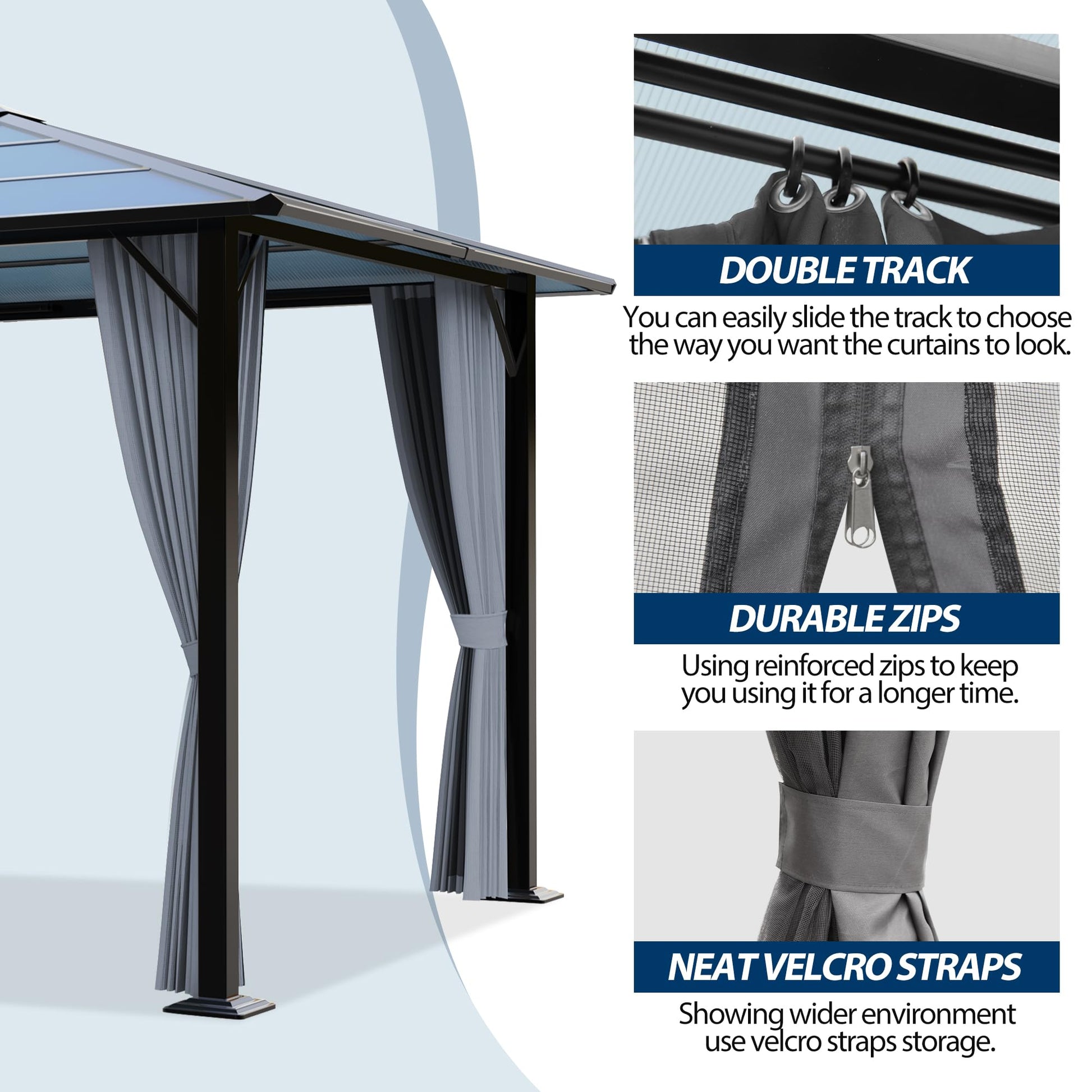 COVERONICS 10FT x 10FT Patio Polycarbonate Hardtop Gazebo with Steel Frame - Outdoor Translucent Roof Gazebo with Breathable Netting & Shaded Curtains for Porch, Lawn, Garden, Backyard, Pools - WoodArtSupply