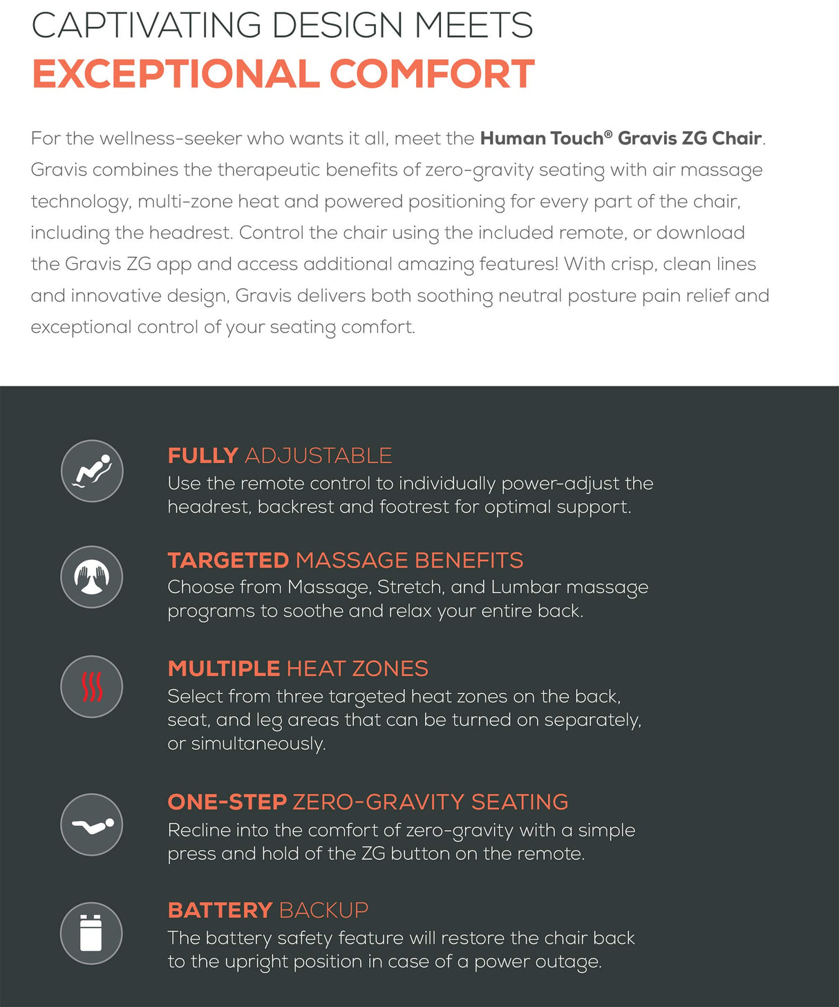 Human Touch Gravis ZG Zero Gravity Leather Massage Chair Recliner with Remote - Beech Wood - Saddle Dark Brown Leather Human Touch Gravis ZG