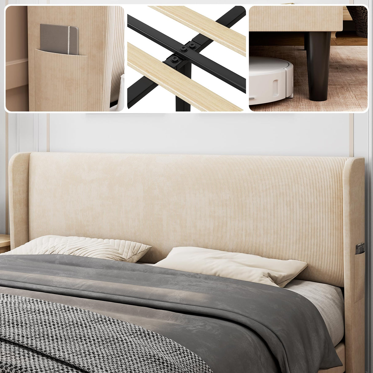 IDEALHOUSE Full Upholstered Bed Frame with Wingback Headboard, Luxurious Velvet Upholstery Platform Bed, Wooden Slat Support, and Easy Assembly - Box Spring Optional, Beige IDEALHOUSE