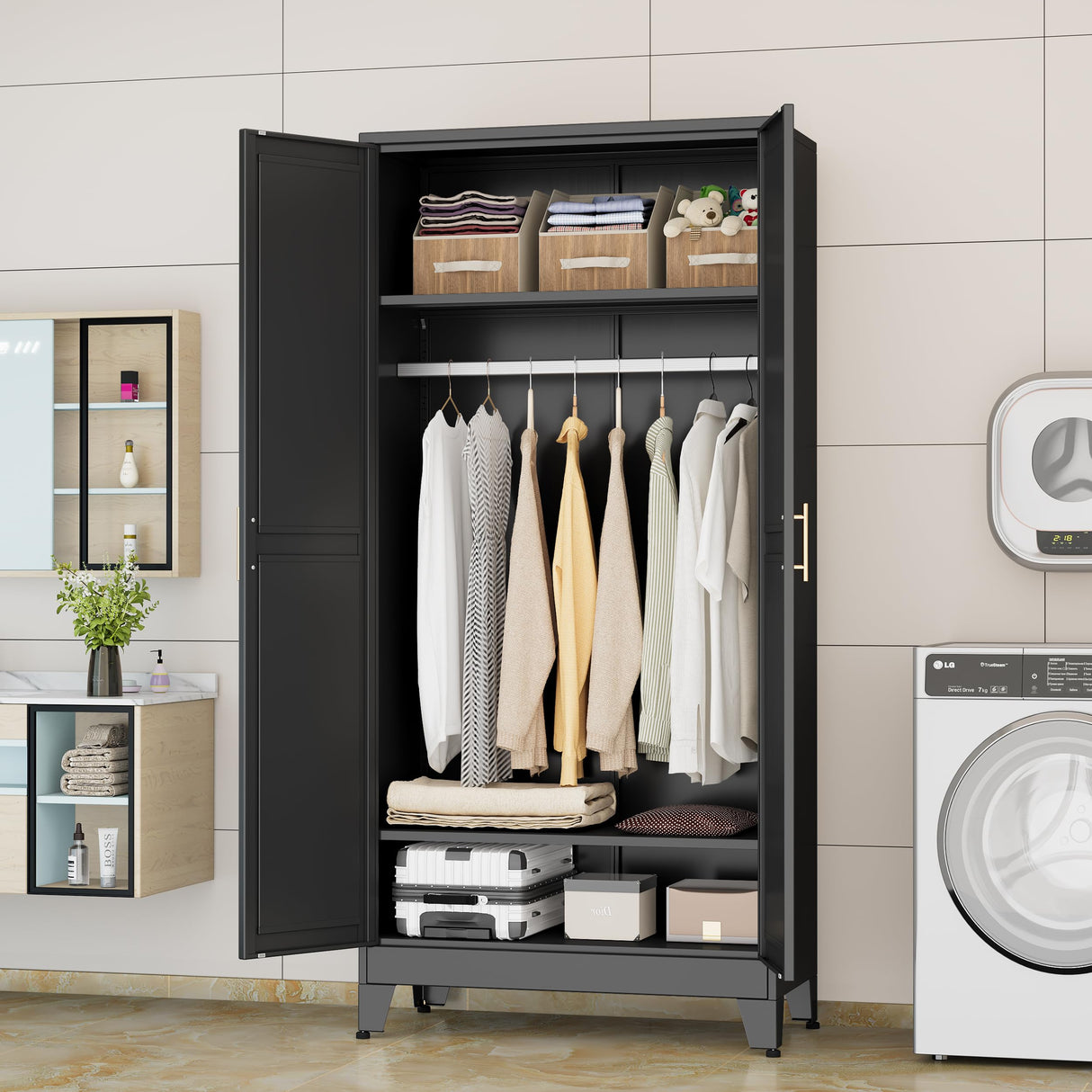 erosoei 71 "Metal Armoire Wardrobe Closet, Steel Clothing Storage Cabinet with Adjustable Shelves and Hanging Rod, Household Steel Wardrobe Storage Cabinet with Adjustable Standing feet（Black） erosoei